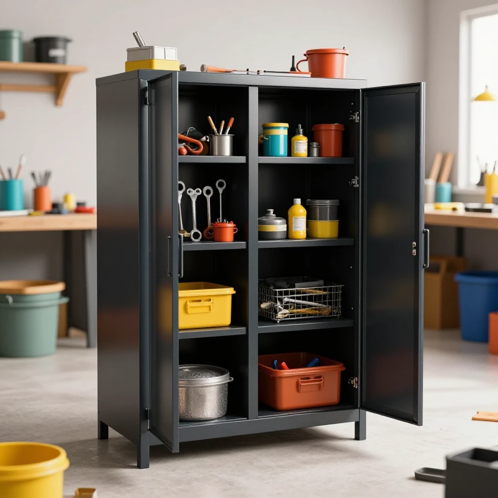 Modern metal storage cabinet with open doors showing neatly arranged tools in a vibrant workshop environment.