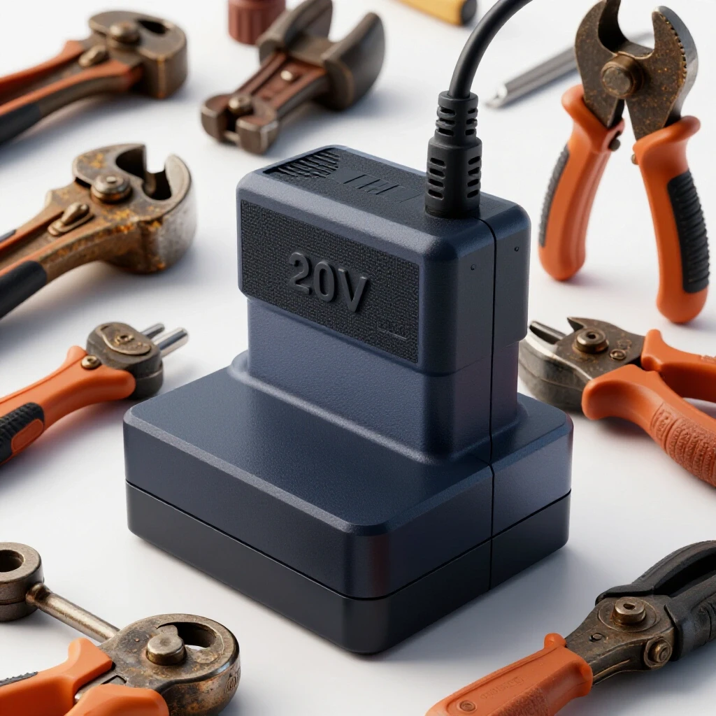 A modern 20V battery adapter in the foreground with a backdrop of vintage tools, showcasing the evolution of tool technology.
