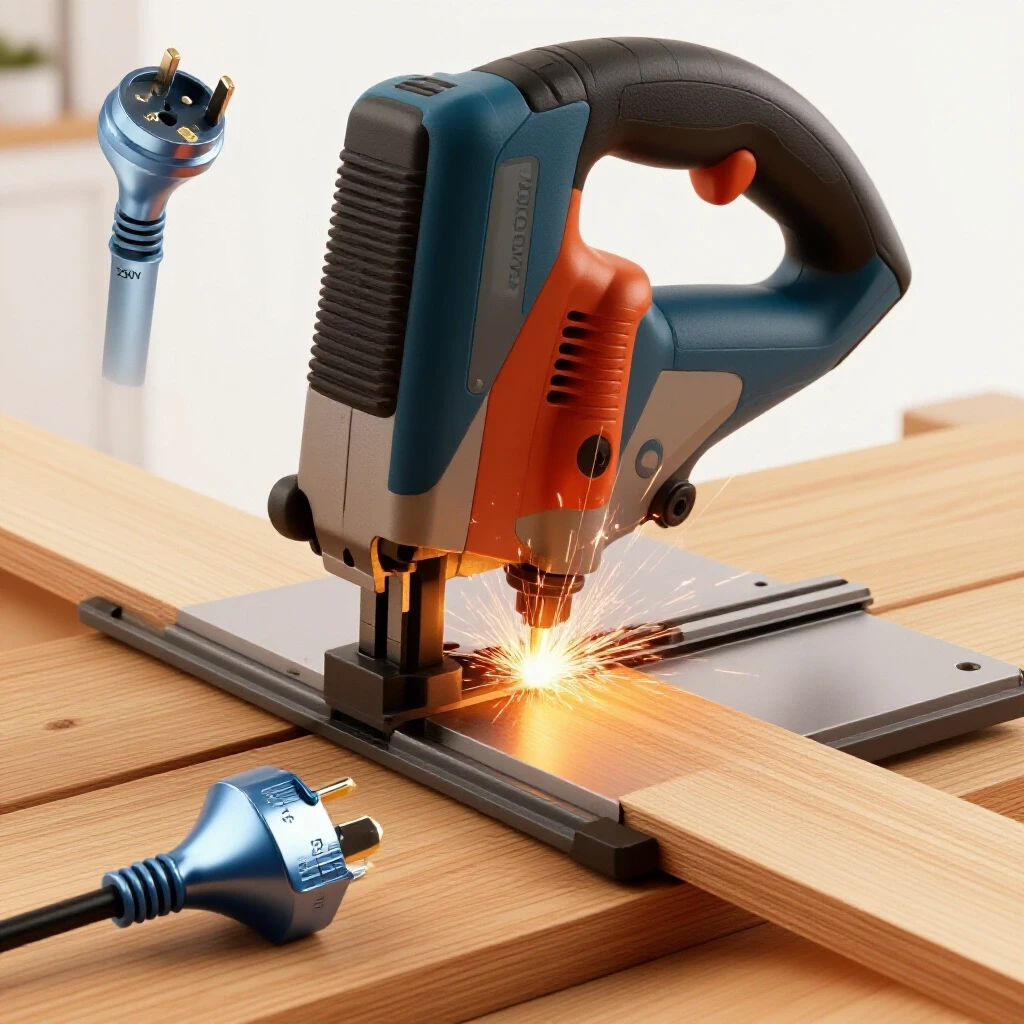 Close-up of a bandsaw cutting wood with flying sparks, alongside a vibrant 230V plug and 15 Amp socket for compatibility.