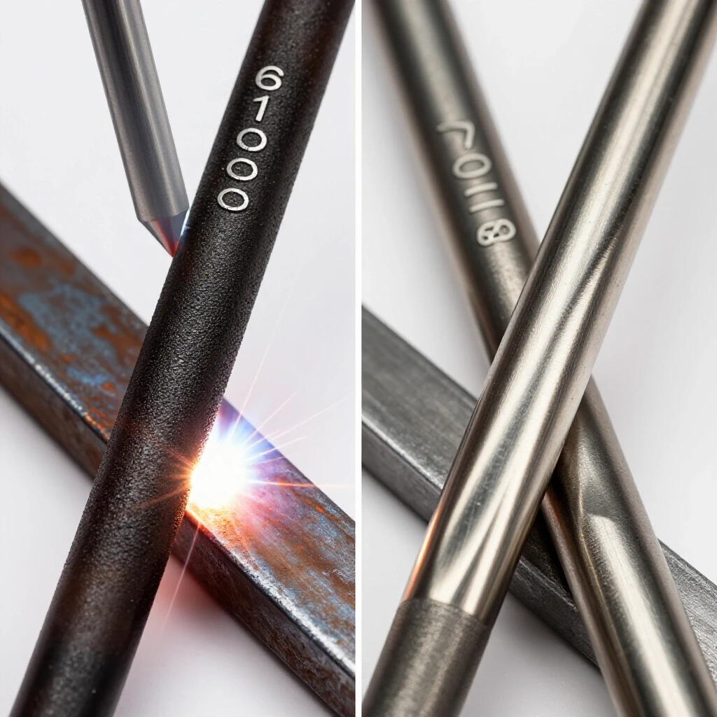 Comparison of 6010 and 7018 welding rods actively welding metal, emphasizing texture and penetration effects.