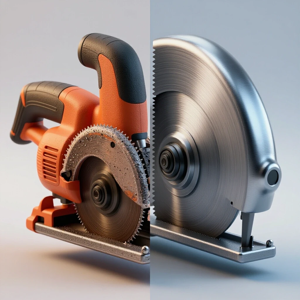A split image contrasting an abrasive cut-off saw and a cold metal saw, highlighting their differences in color and design.