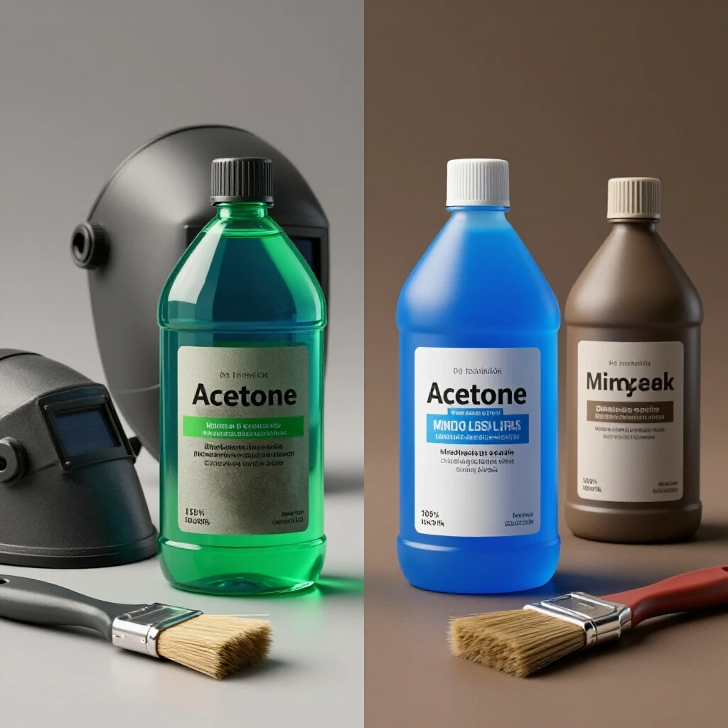 Split image contrasting acetone and mineral spirits with welding tools highlighting pre-weld cleaning.