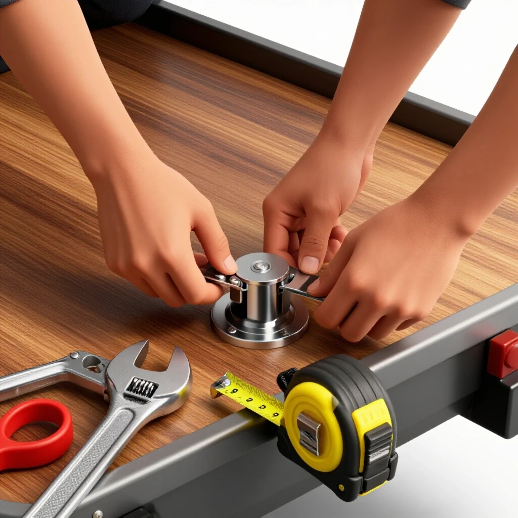 Close-up of a hands-on DIY scene with a cargo stop being adjusted on a trailer, tools prominently displayed.