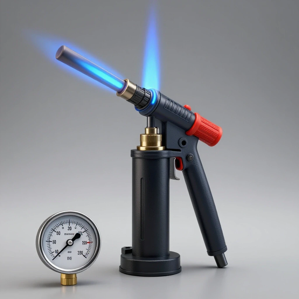 Close-up of an oxy-acetylene torch with a vibrant blue flame and a pressure gauge, emphasizing safety and precision.