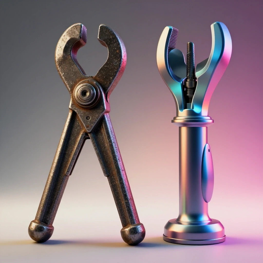 A visual comparison of an outdated metal fabrication tool next to a modern tool against a gradient background, emphasizing innovation.