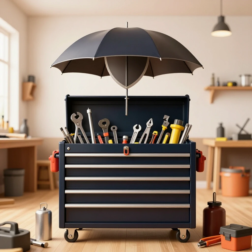 A vibrant home workshop with a central toolbox full of tools under a protective shield, symbolizing insurance.