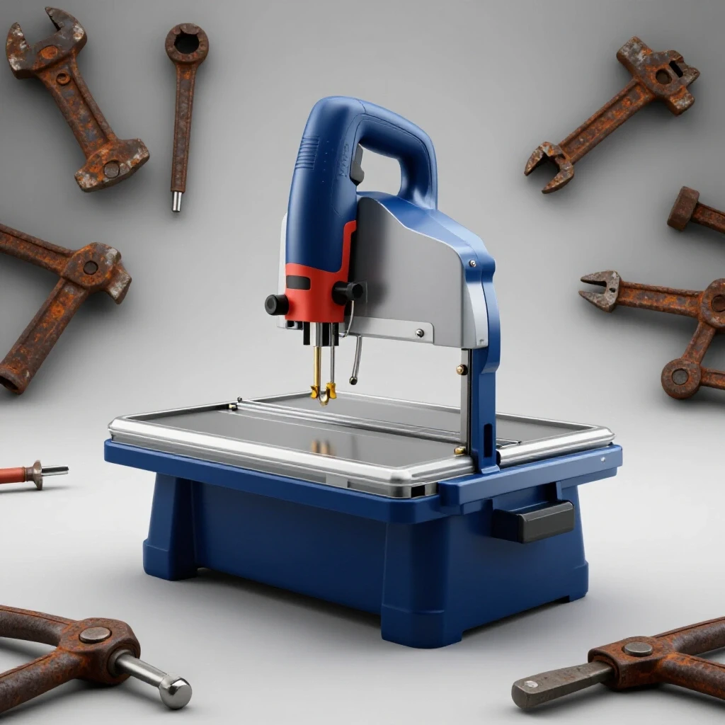 A polished portable bandsaw shines against a backdrop of worn rusted tools, showcasing reliability and quality.