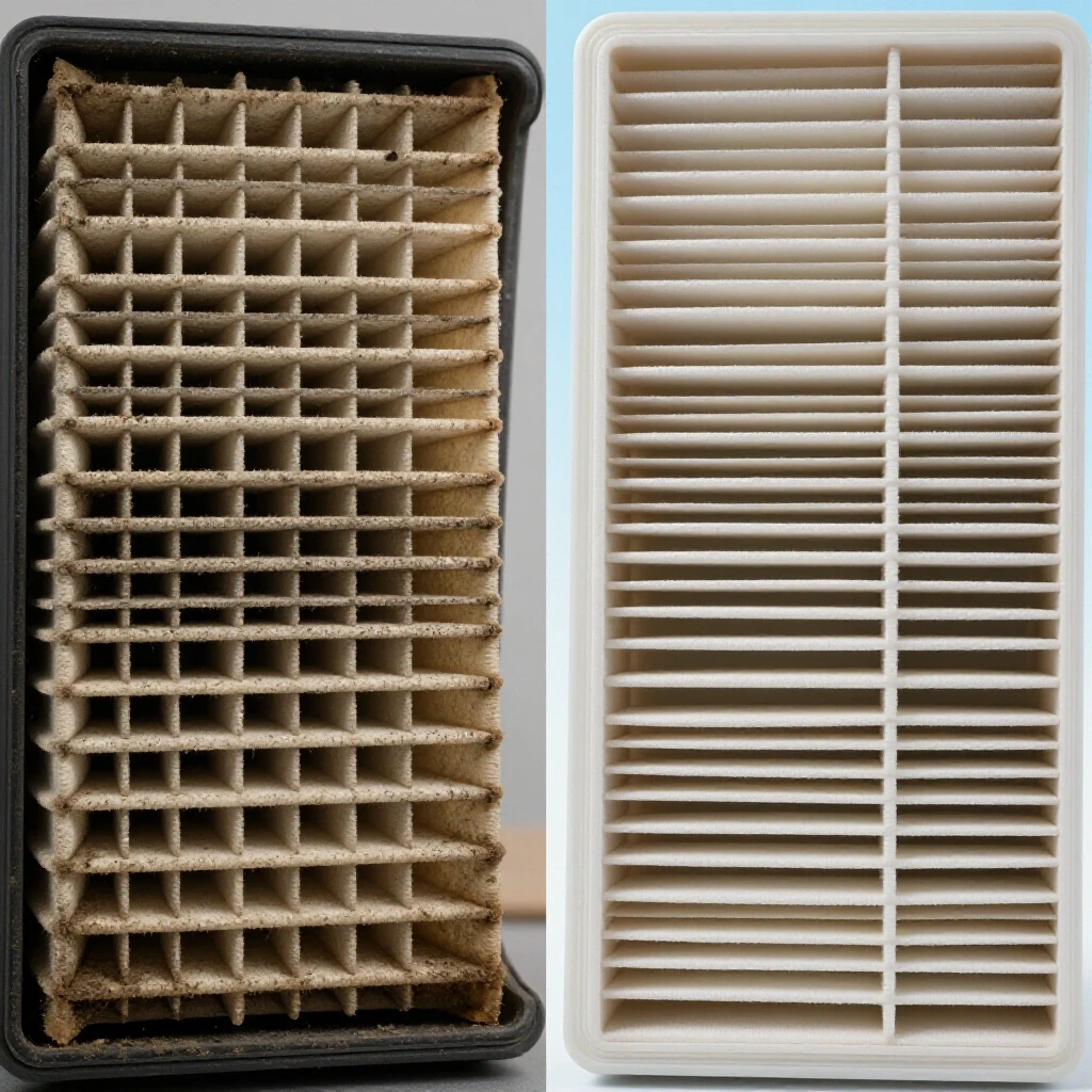 A visual comparison of a dirty air cleaner filter against a new, pristine filter, emphasizing their efficiency contrast.