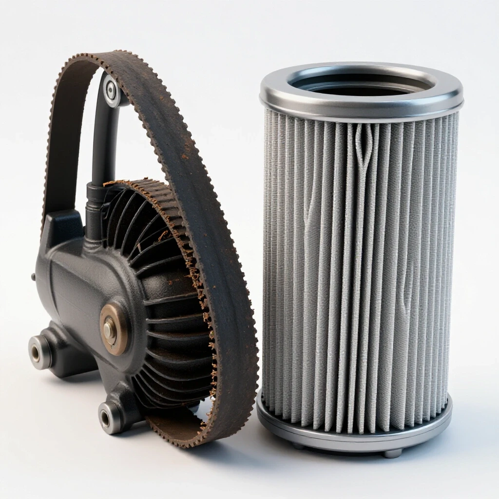Close-up of a worn air compressor belt contrasted with a shiny, new air filter, showcasing maintenance importance.
