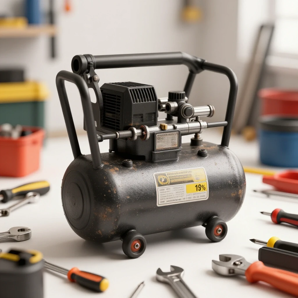 A close-up of a rugged air compressor surrounded by DIY tools like wrenches and screwdrivers in a bright workshop.