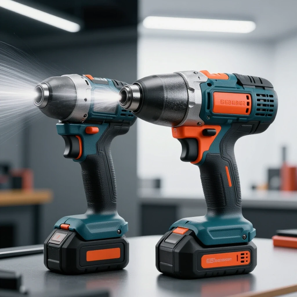 A dynamic comparison image of an air impact wrench showing motion and a cordless impact wrench in a modern workshop setting.