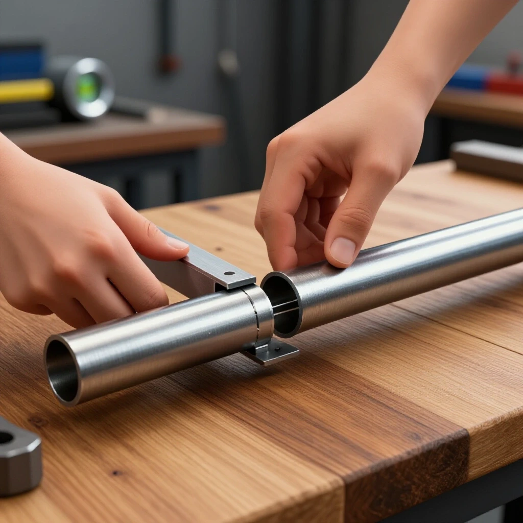 Close-up of hands aligning steel pipes with a level tool, showcasing effective DIY welding preparation in a workshop.
