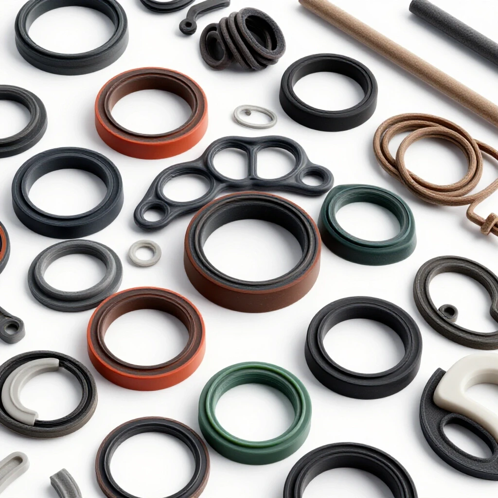 A 3D-rendered image showcasing traditional rubber gaskets alongside alternative materials like foam and silicone, highlighting textures and colors.