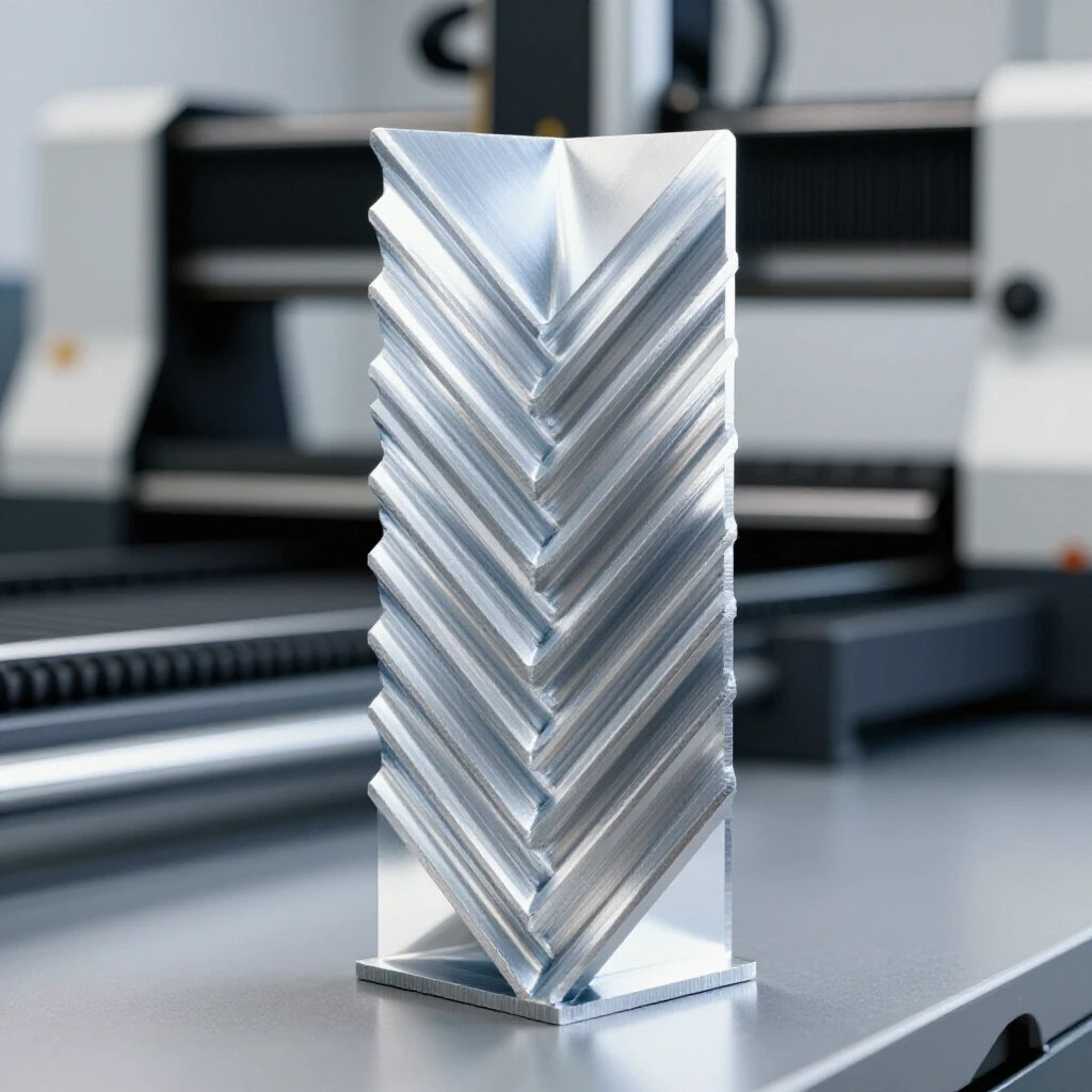 Close-up of shiny aluminum angles in a workshop setting with a blurred CNC machine behind them, highlighting their metallic texture.