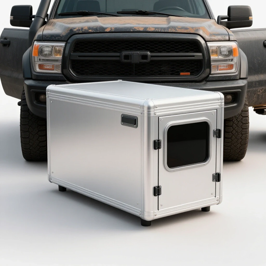 A polished aluminum dog box prominently showcased against a rugged pickup truck, highlighting outdoor utility and design.