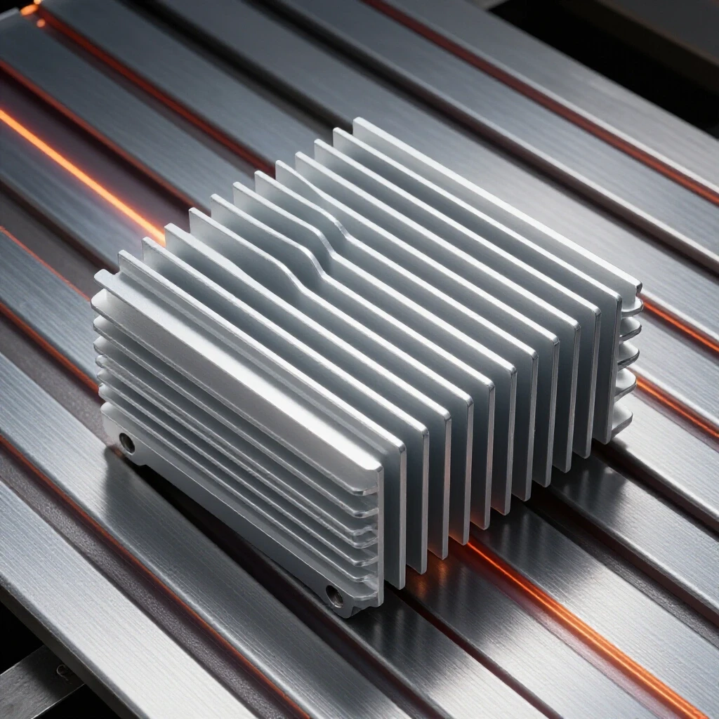 Close-up of an aluminum heat sink with glowing weld seams from steel sheets, highlighting thermal dynamics in metalworking.