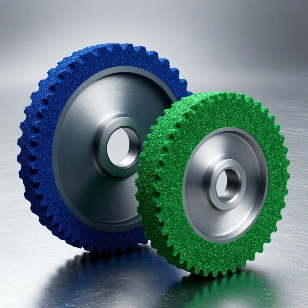 A striking comparison of aluminum oxide and silicon carbide grinding wheels against a textured metal backdrop.