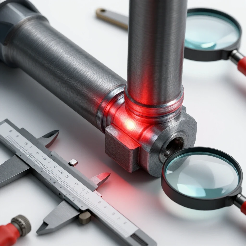 Close-up of a welded joint with stress points highlighted in red, surrounded by workshop tools like a caliper and magnifying glass.