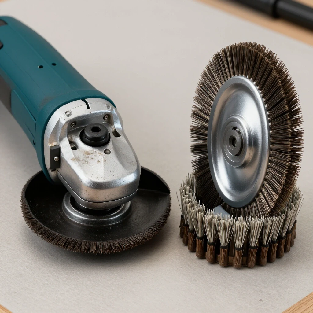 Close-up image showing a worn angle grinder brush set on the left and a new brush set on the right against a workbench background.