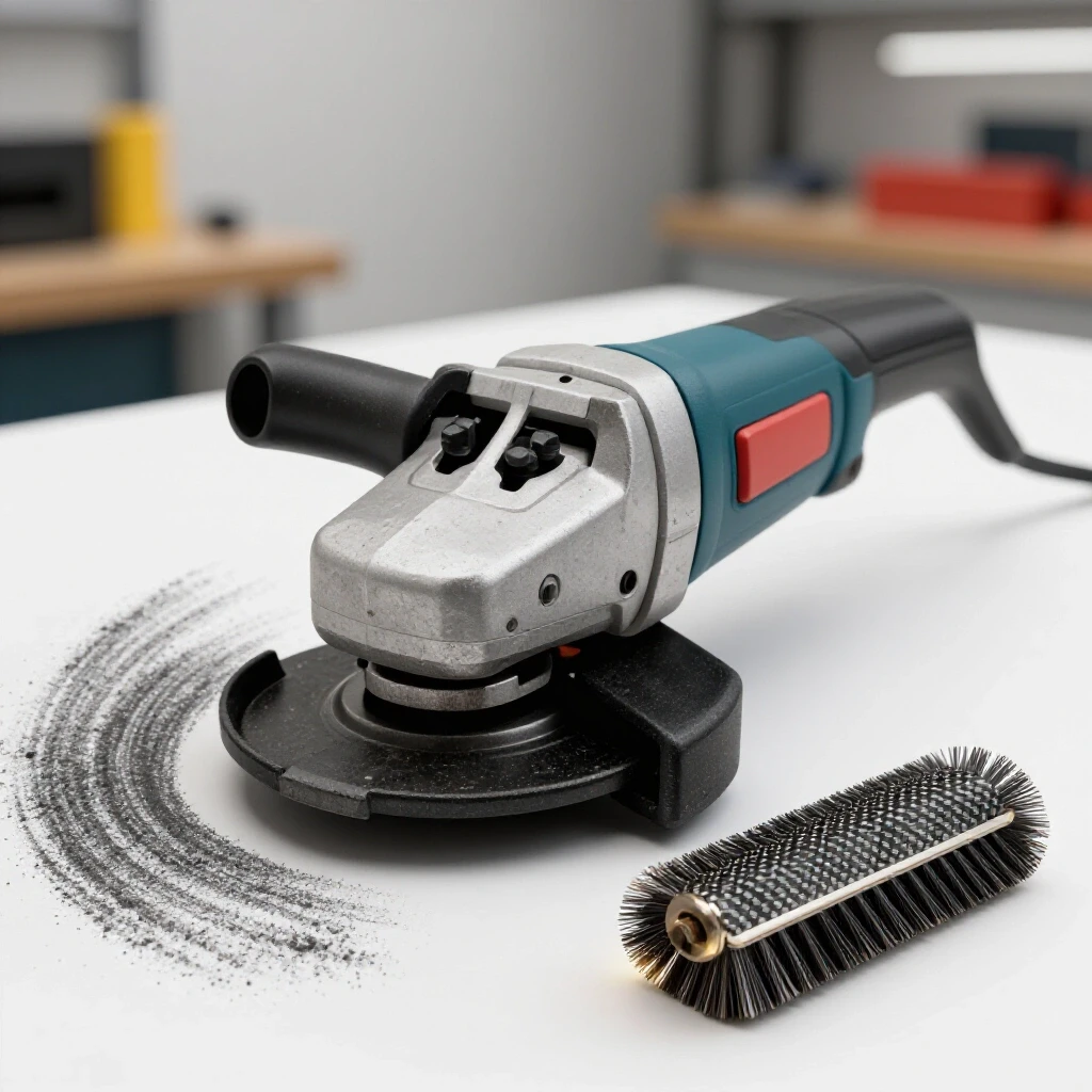 Close-up of a well-used angle grinder alongside a new carbon brush, highlighting differences and emphasizing tool maintenance.