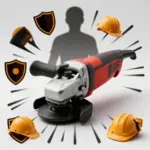 An angle grinder with guard intact is showcased in the foreground, surrounded by safety symbols, juxtaposed with a shadowy unguarded grinder.