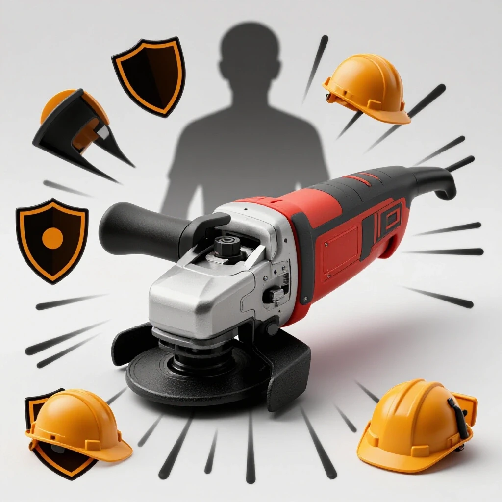 An angle grinder with guard intact is showcased in the foreground, surrounded by safety symbols, juxtaposed with a shadowy unguarded grinder.