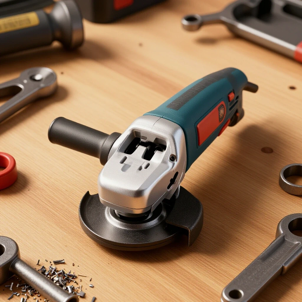 A well-used angle grinder on a workbench with metal shavings, beside a shiny new angle grinder, highlighting tool maintenance.