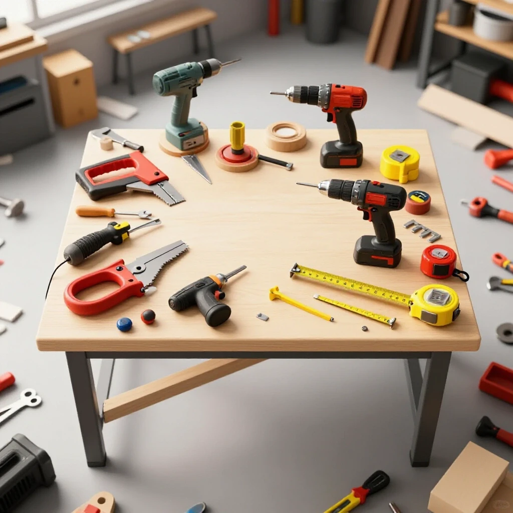A well-organized workshop table with tools contrasts a cluttered side, illustrating budgeting for home fabrication.