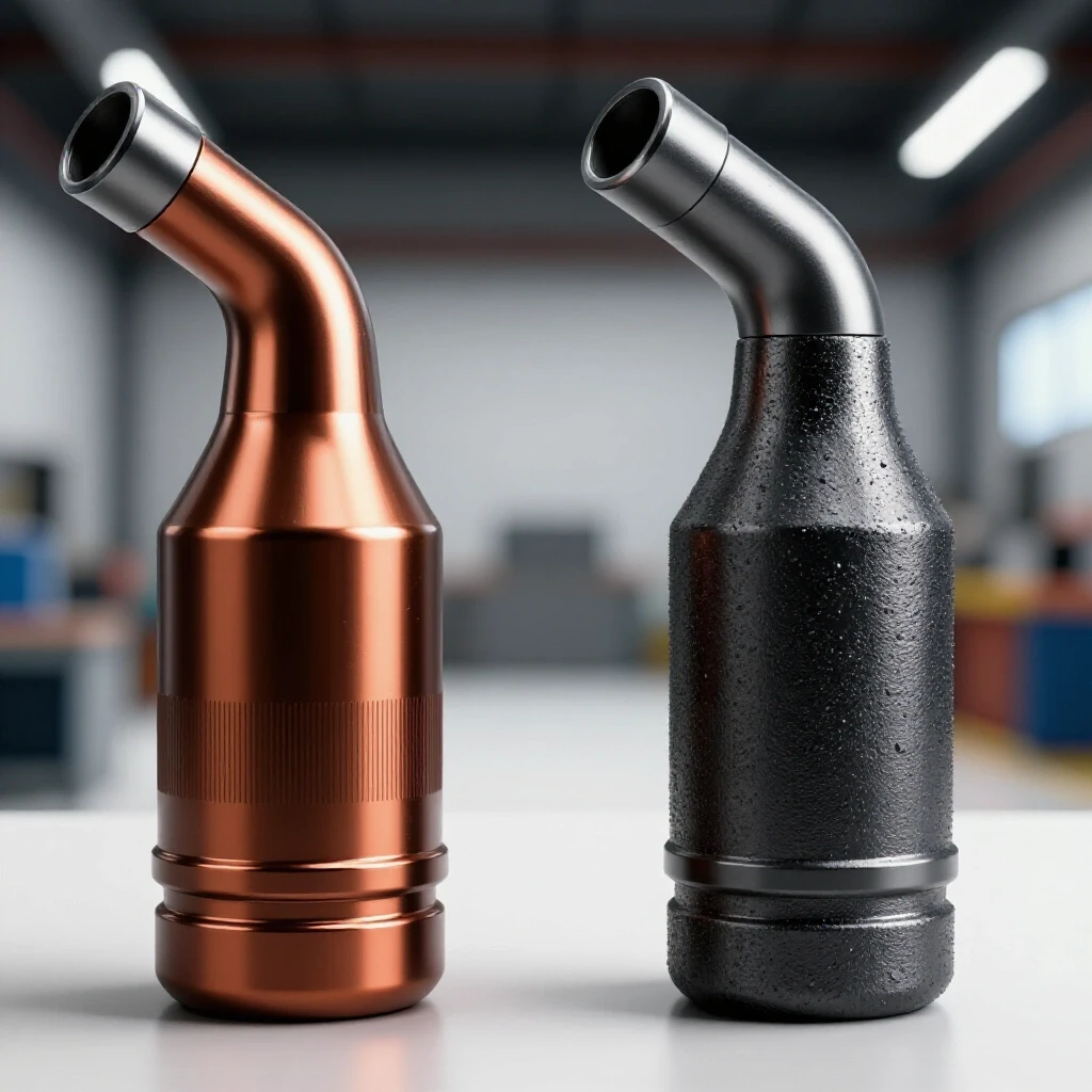 Side-by-side comparison of a clean anti-spatter spray coated nozzle and a gel-covered nozzle with spatter buildup against a workshop backdrop.