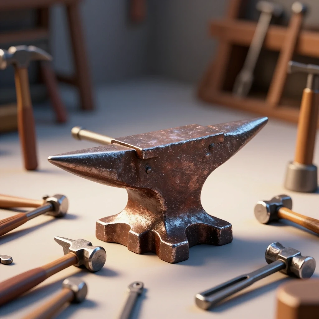Close-up of a gleaming anvil surrounded by metalworking tools in a softly focused workshop background.