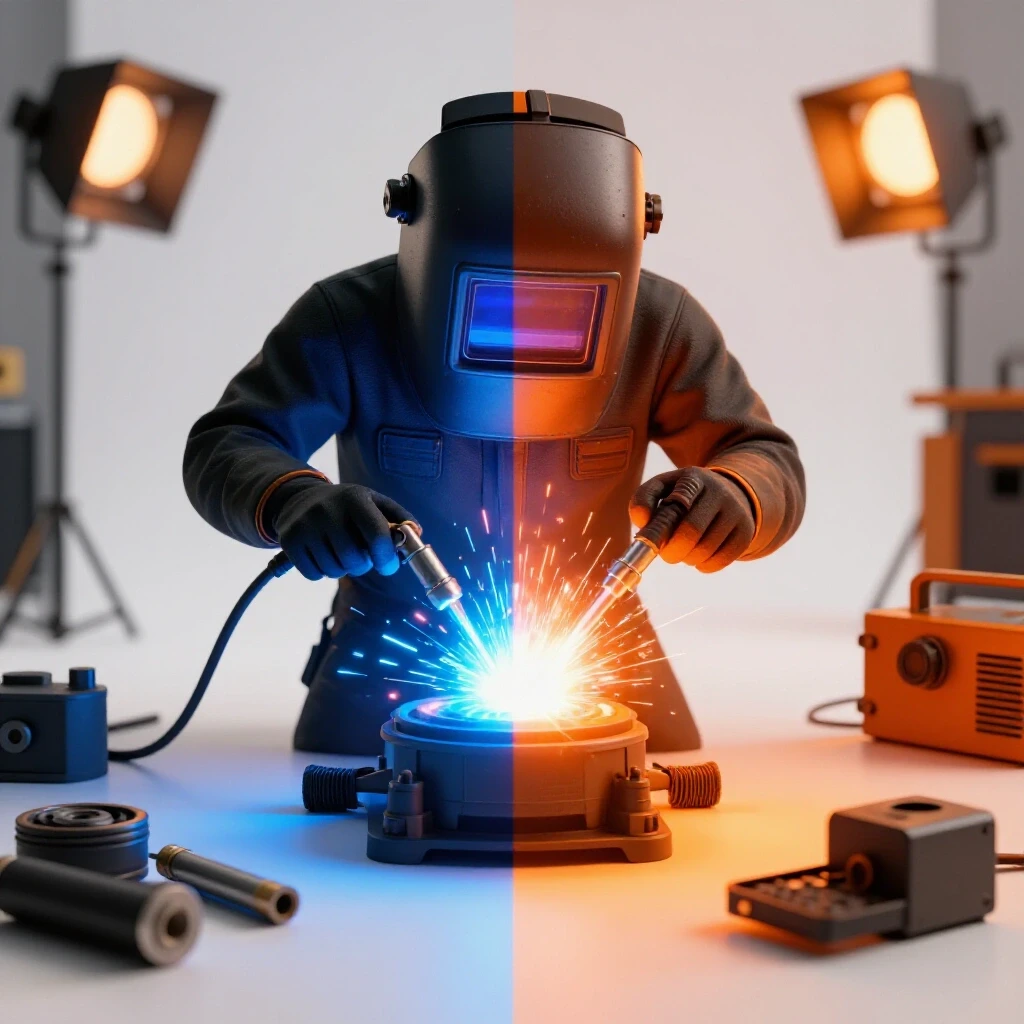 A split image showing a welding scene with blue light for argon and orange light for carbon dioxide, highlighting shielding gas differences.