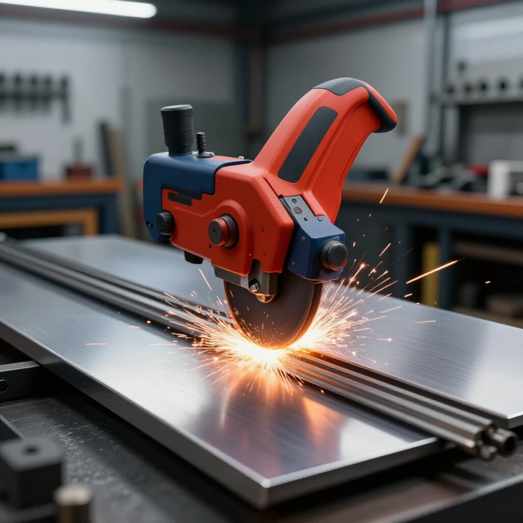 Automated cutting tool slicing through metal with sparks in a bright workshop setting.