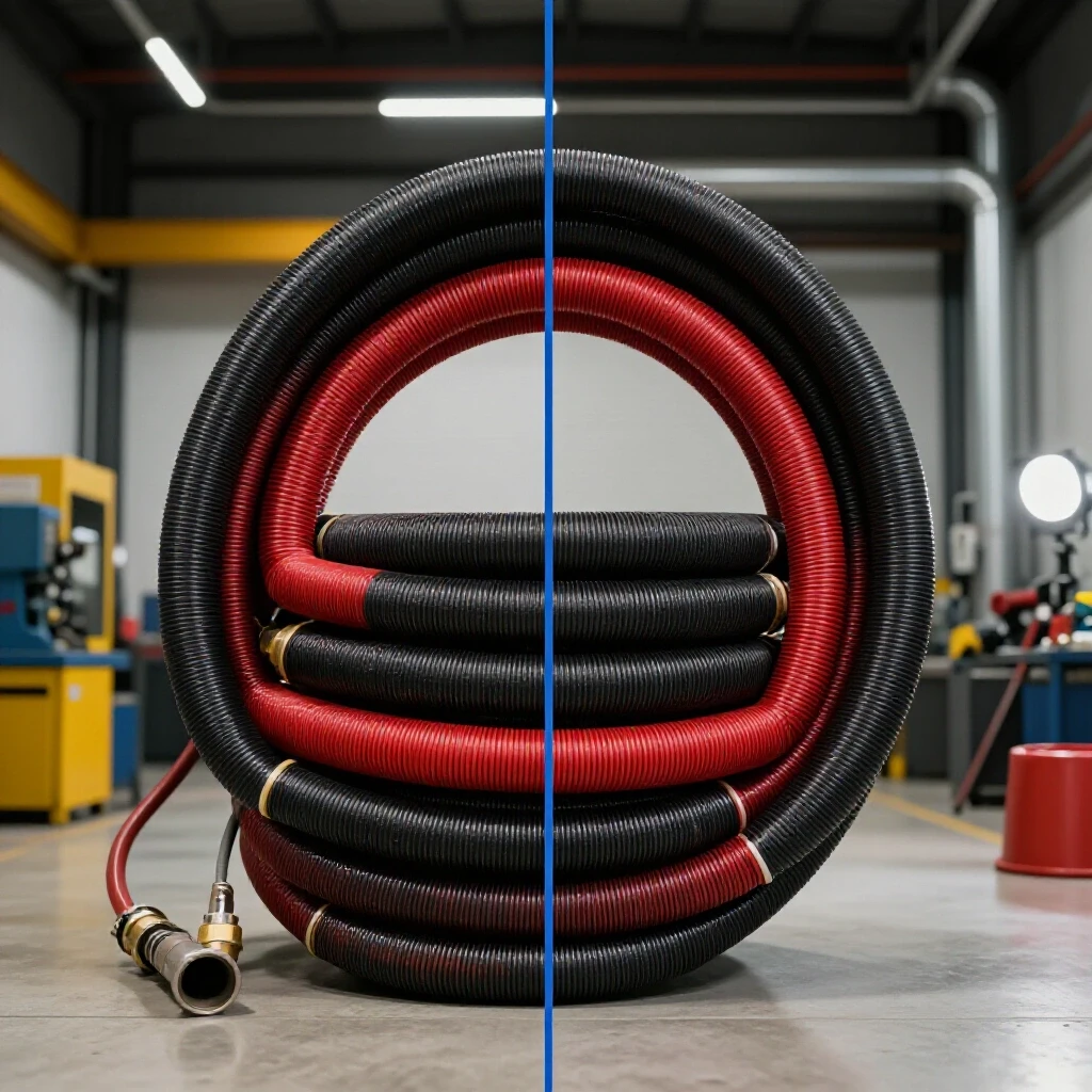 Split-screen comparison of automotive and industrial air hoses showcased in distinct garage and factory settings.