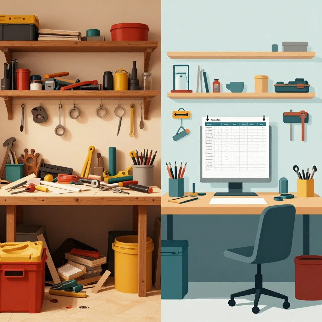 A split image showing a cluttered chaotic workshop on one side and an organized minimalist workspace on the other, illustrating budget management.