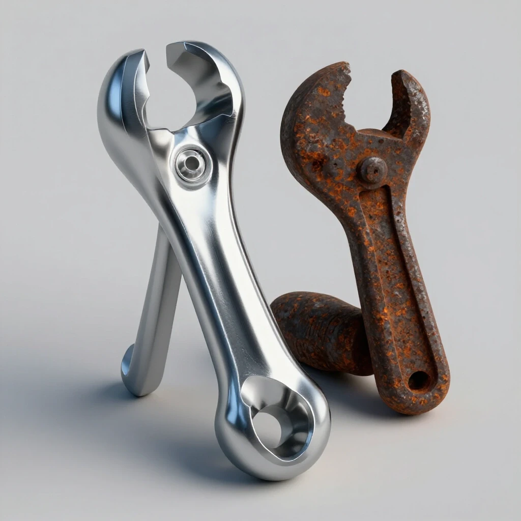 A polished metalworking tool next to a rusted tool, highlighting quality differences, with bright background and good lighting.