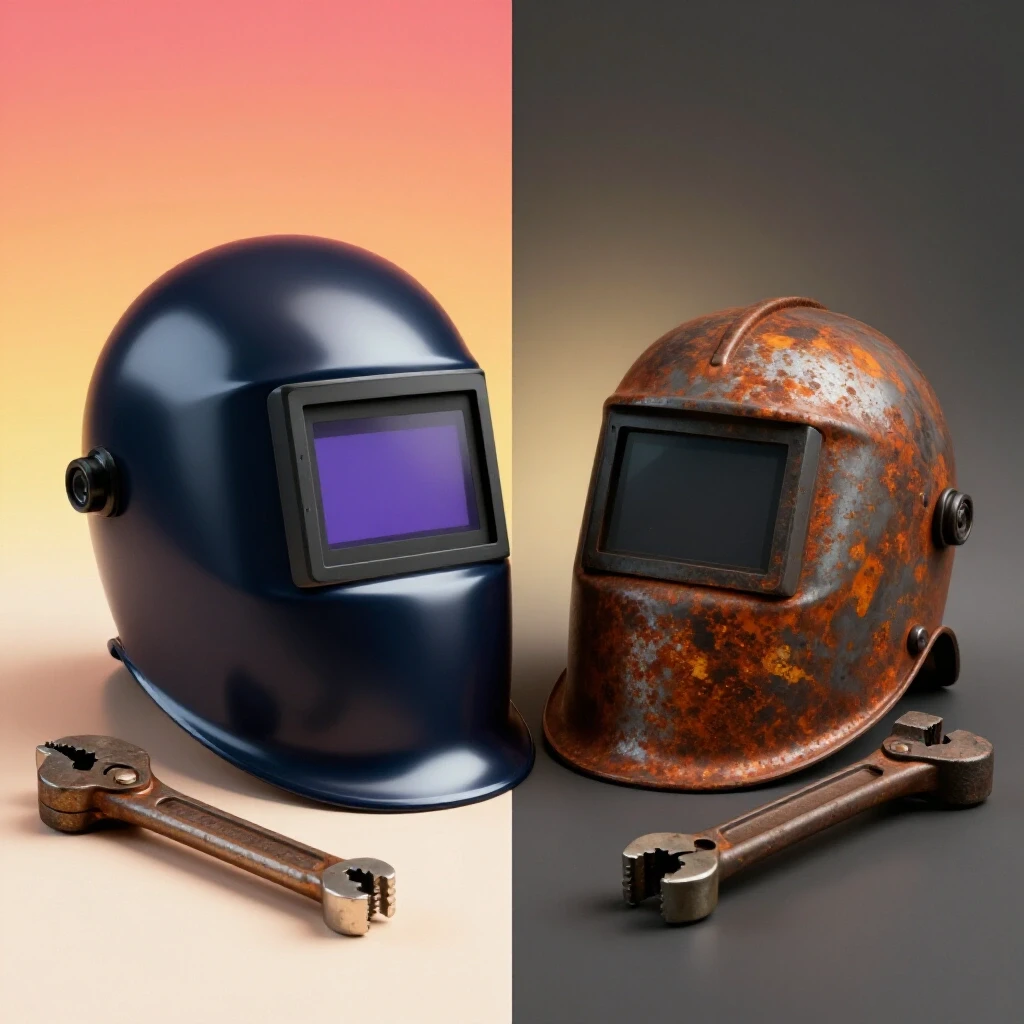 Comparison of new and used welding gear showcasing quality differences. A shiny helmet contrasts with a rusty one.
