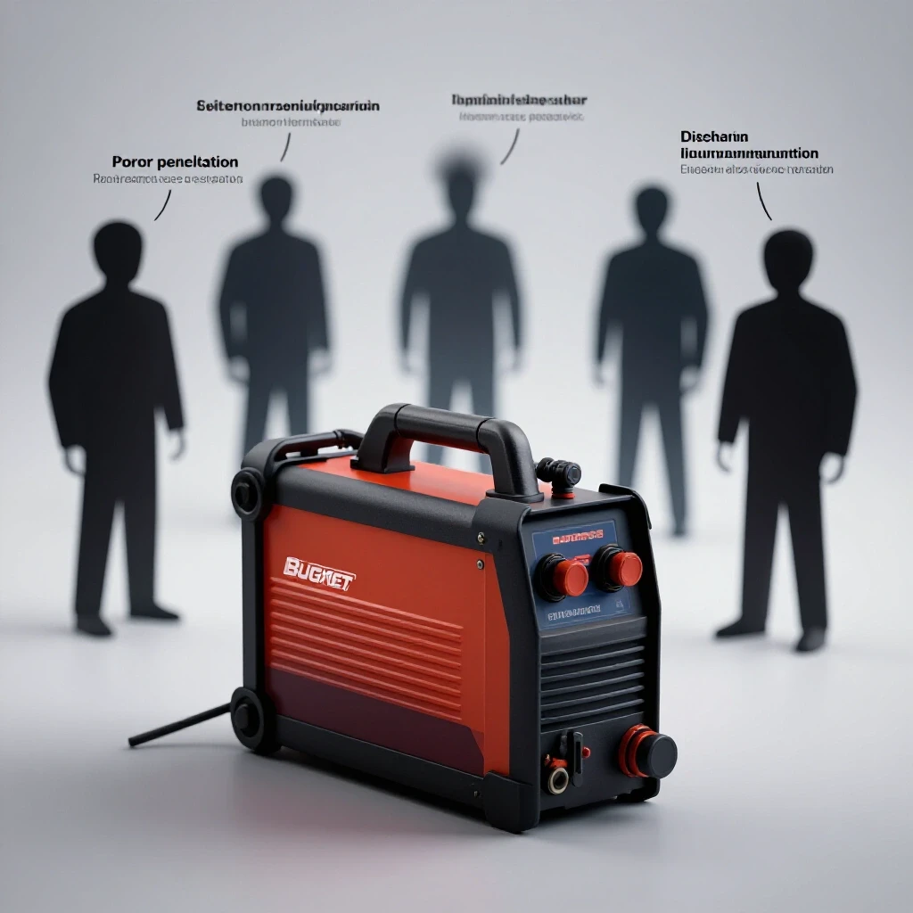 A budget TIG welder stands out against shadowy figures representing common welding issues, highlighted by bright illumination.