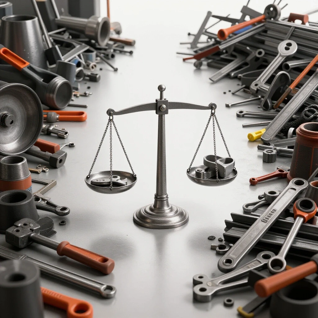 A metal workshop showcasing organized tools juxtaposed with disorganized scrap, symbolizing the balance in bidding accuracy.