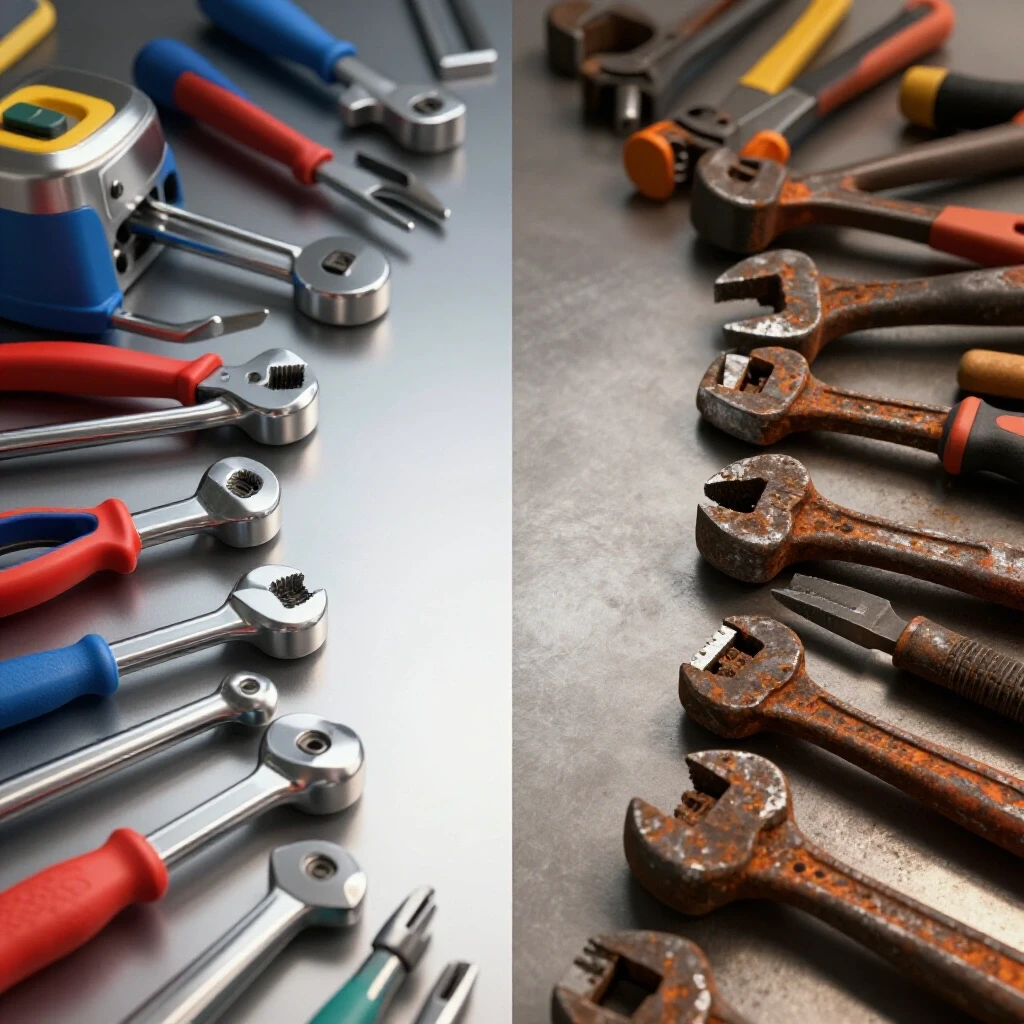 A visual comparison of shiny, high-quality metal tools and worn-out rusty tools in a metal shop setting.