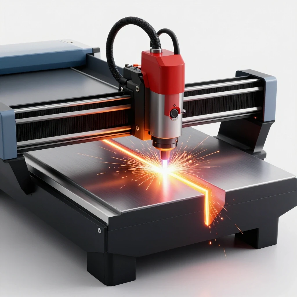 Close-up of a CNC plasma cutter cutting metal, showcasing a perfect and imperfect cut side by side with sparks flying.