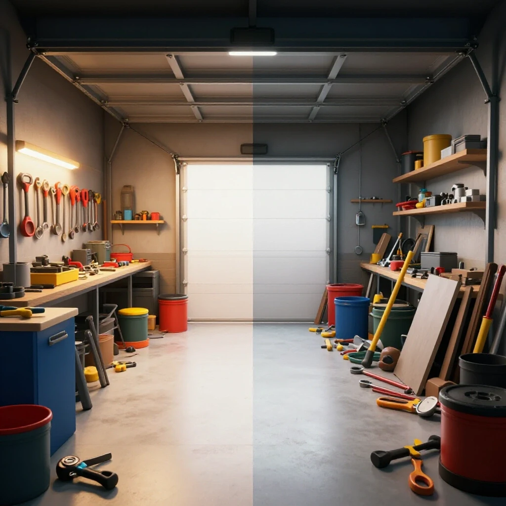 A split image of a well-organized garage shop side by side with a messy garage, highlighting the contrast.