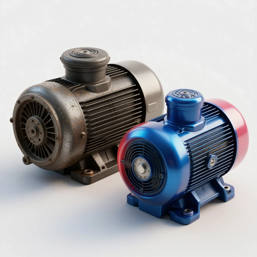 A worn-out mill motor next to a shiny new mill motor, emphasizing the contrast between old and new in a well-lit setting.