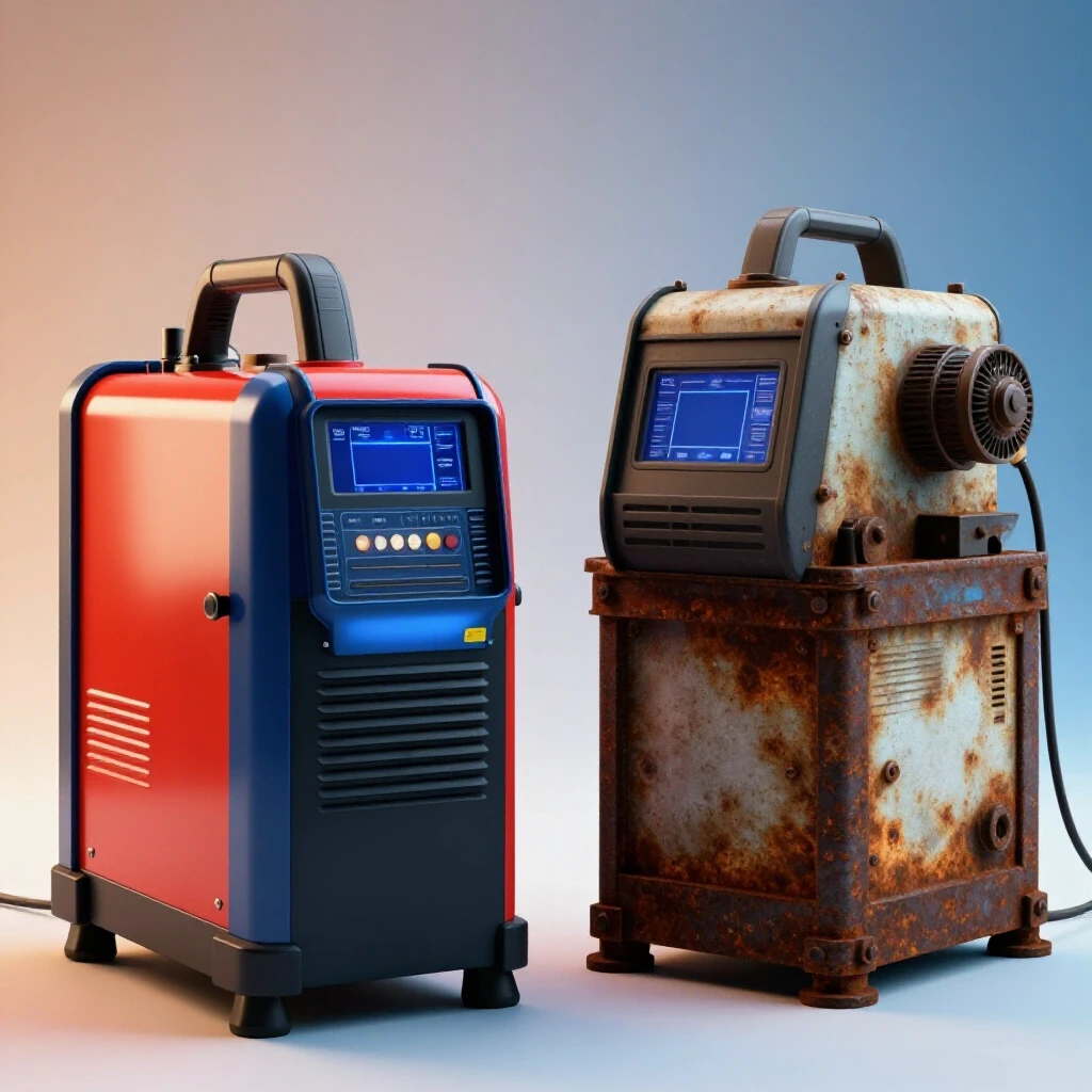 A shiny welding machine contrasted with a rusty machine, demonstrating the importance of informed purchases in welding equipment.
