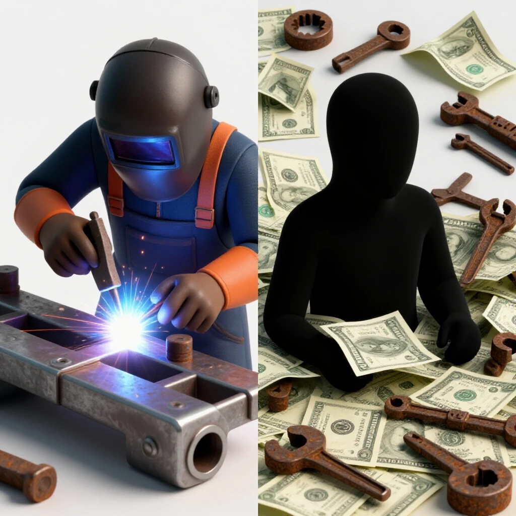 A split scene illustrating a successful welder with a bright arc on one side and a shadowy figure with crumpled bills on the other, highlighting welding pricing mistakes.