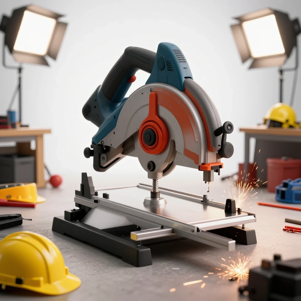 A polished chop saw surrounded by a chaotic workspace, illustrating safety hazards in metalworking.