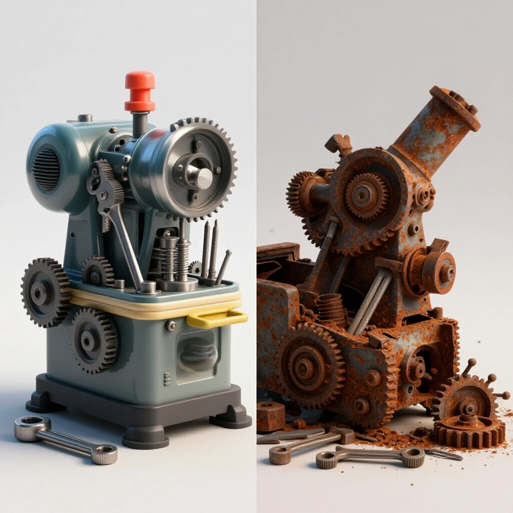 A split image showing a polished machine on one side and a rusted, neglected machine on the other, highlighting maintenance contrast.