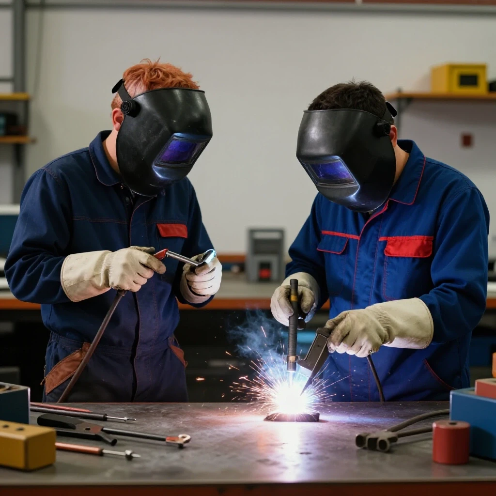 A striking split image showing a novice welder with mistakes and an experienced welder in an organized workshop, highlighting key contrasts.