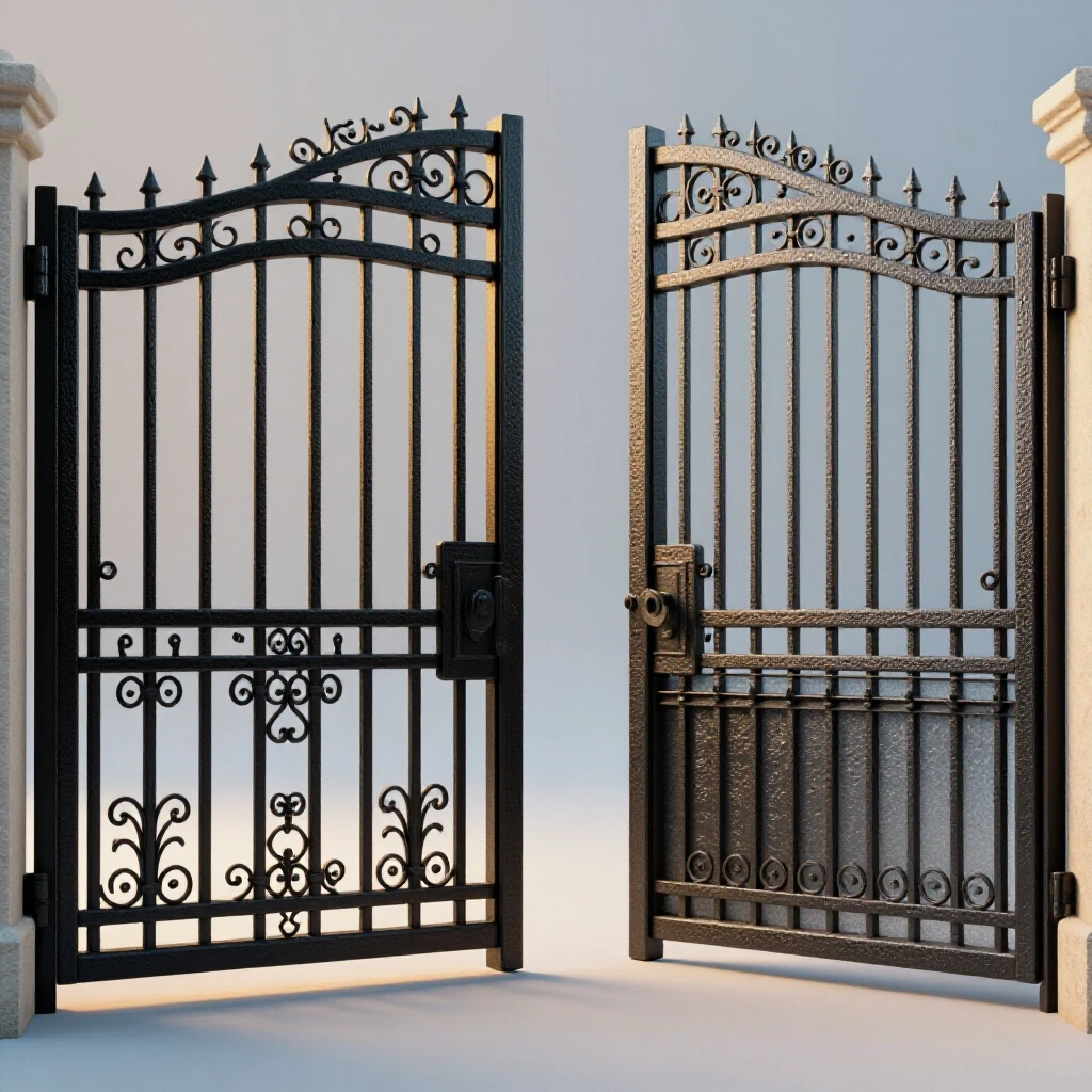 A detailed view of a high-quality metal gate contrasted with a poorly finished gate, showcasing craftsmanship differences.