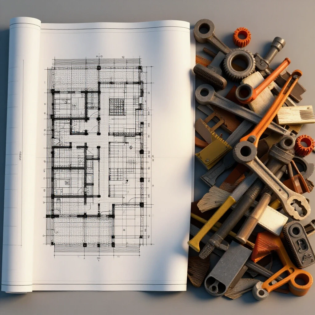A contrasted scene with a clear blueprint on one side and a chaotic pile of materials on the other, illustrating project planning vs. cost pitfalls.