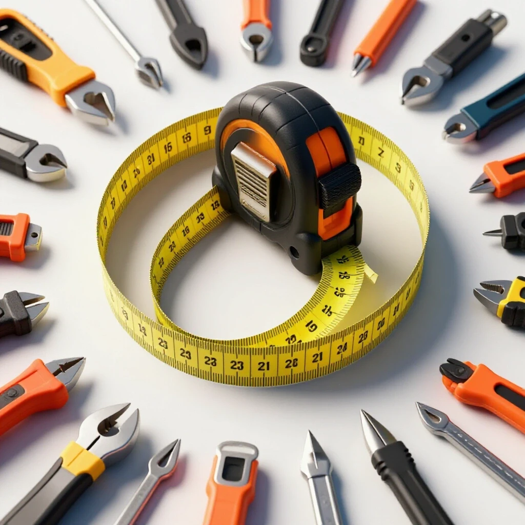 A measuring tape unrolling on a workbench surrounded by tools, illustrating precision in layout design.